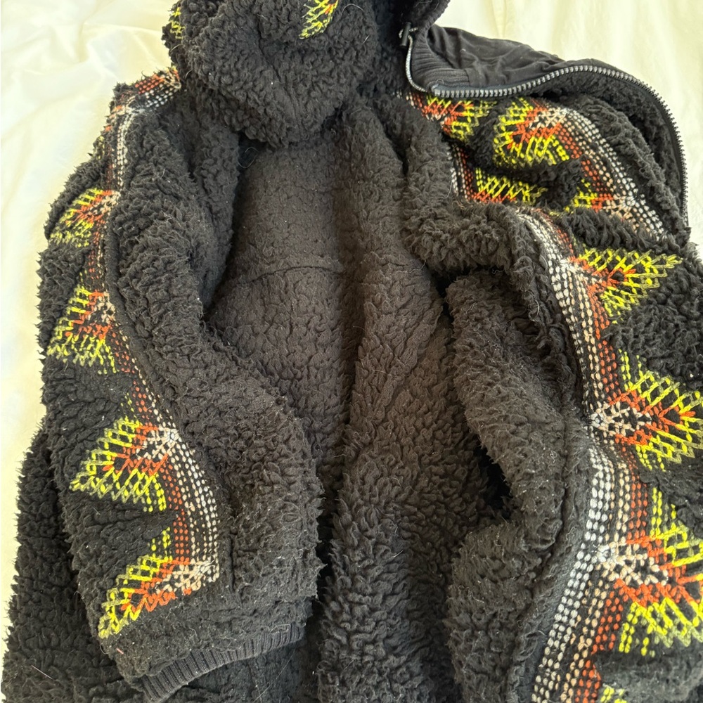 Free people movement Cozy Black Teddy Jacket with Colorful Accents - Picture 2 of 7